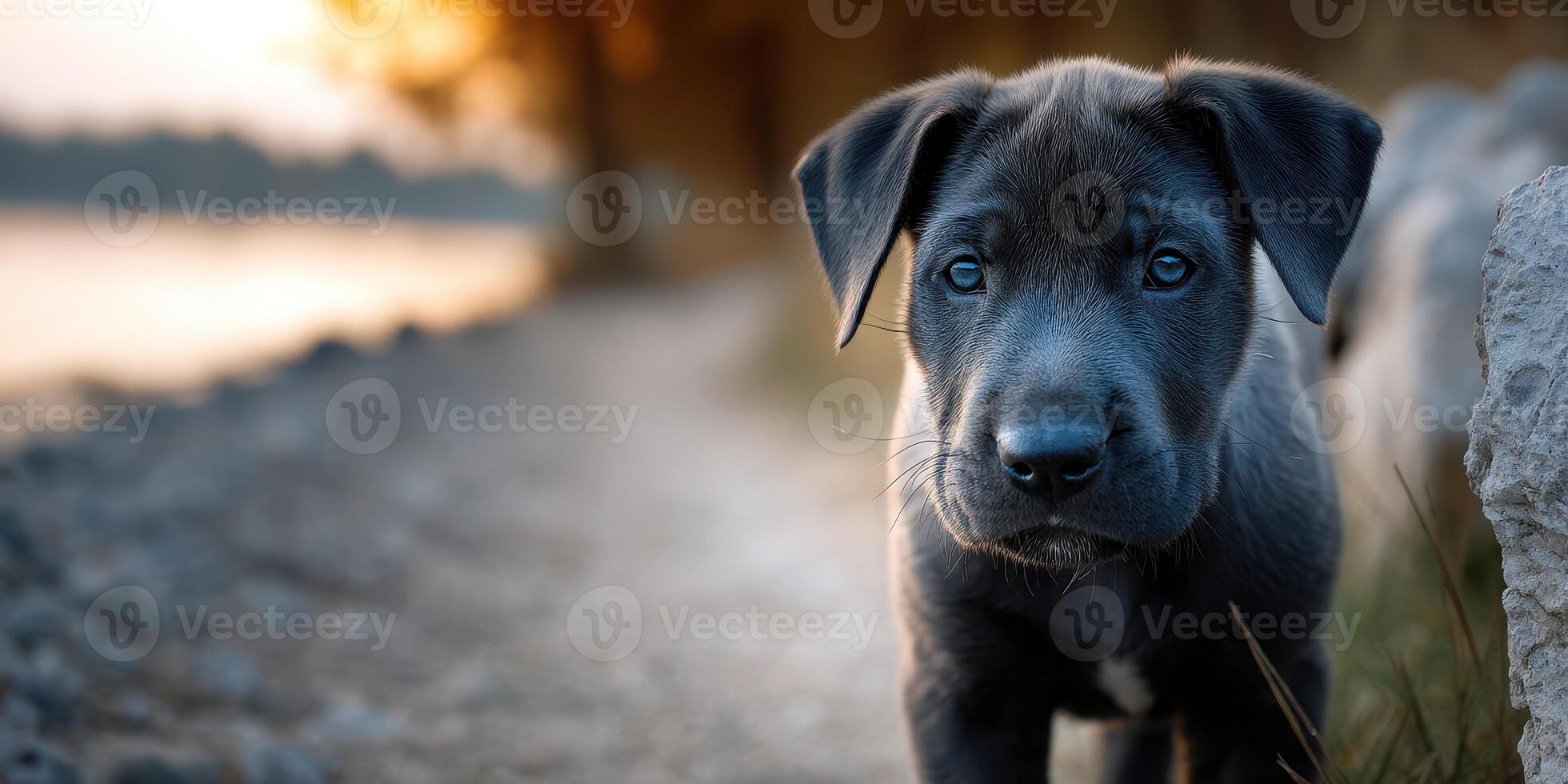 Playful puppy exploring the shoreline during golden hour by a tranquil lake photo