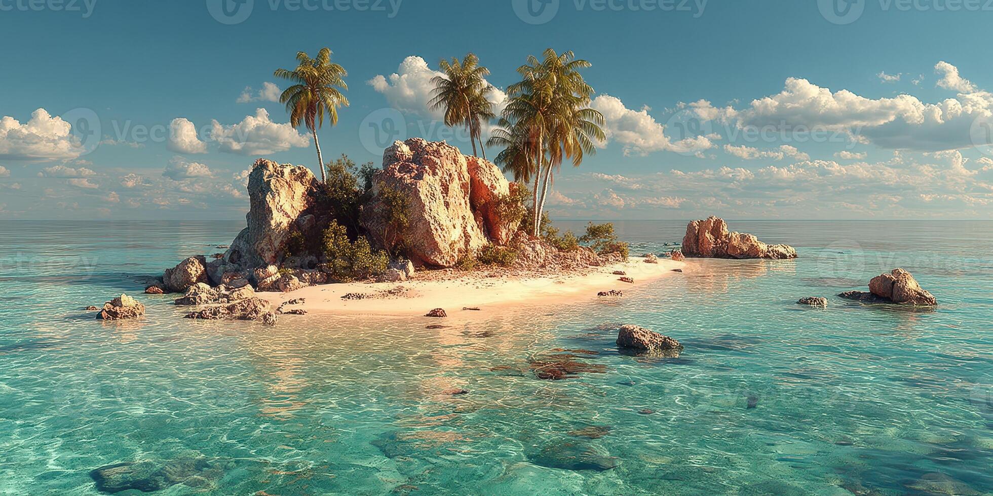 Tropical island paradise with palm trees and crystal clear waters during a sunny day in a serene ocean setting photo