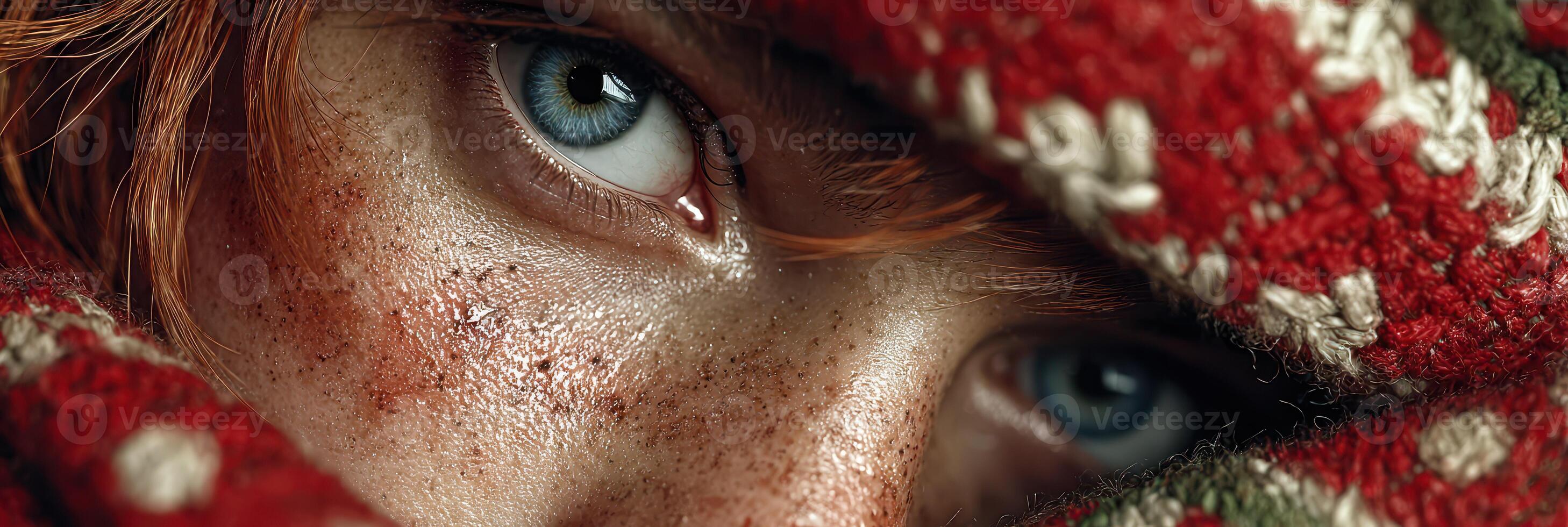 Close-up of a young person's striking blue eyes peeking from a colorful knitted scarf during a cold winter day photo