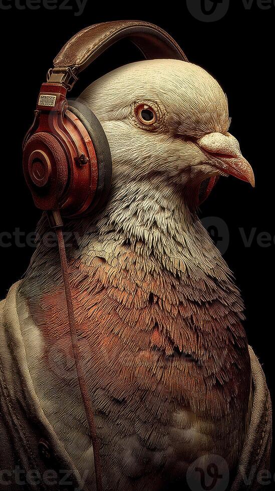 Pigeon wearing headphones in a creative artistic portrayal with intricate details and vibrant textures photo
