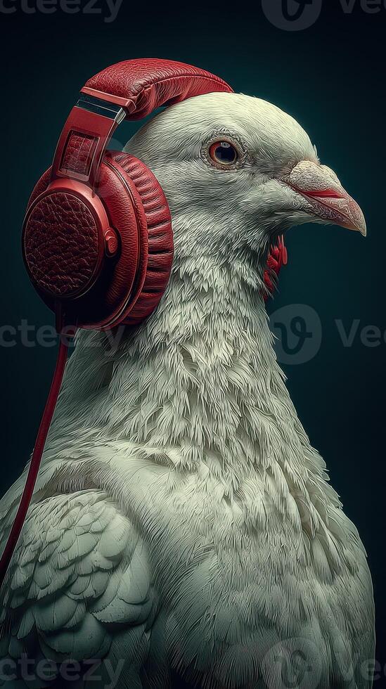Pigeon wearing red headphones enjoys music in an artistic setting photo