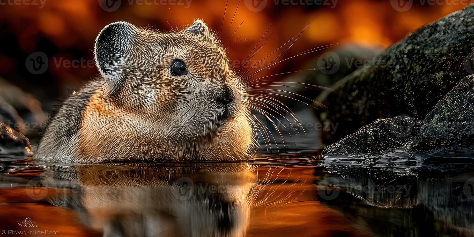 A small pika emerges from water near rocks as golden autumn leaves reflect in the surface at dusk photo