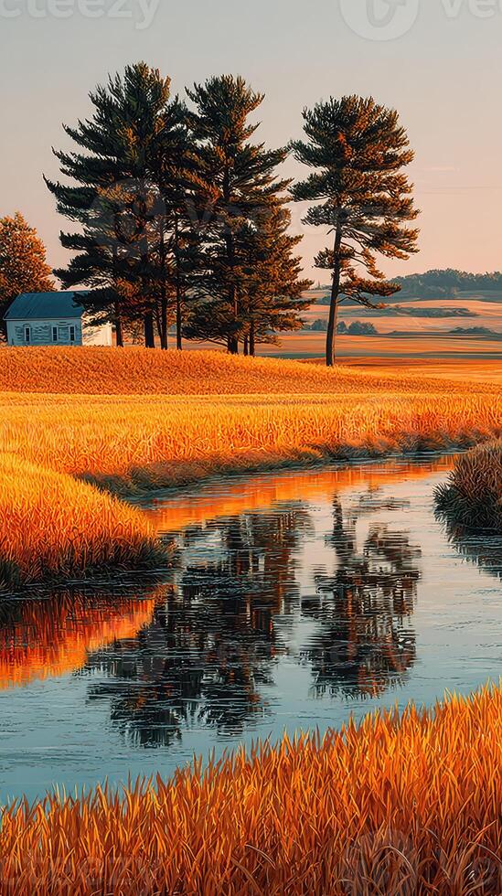 Beautiful autumn landscape featuring golden fields and a tranquil stream in the countryside at sunset photo