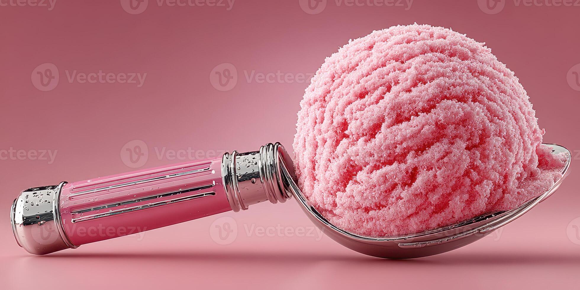 Bright pink sorbet served in a classic metal scoop on a vibrant background showcasing summer treats photo