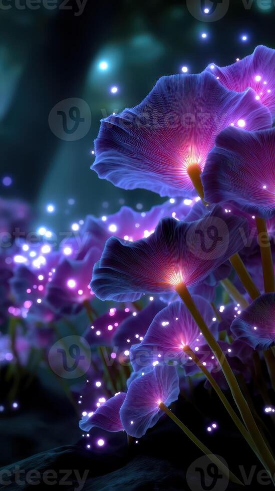 Vibrant mushrooms illuminate a mystical forest at dusk with glowing spores and soft colors photo