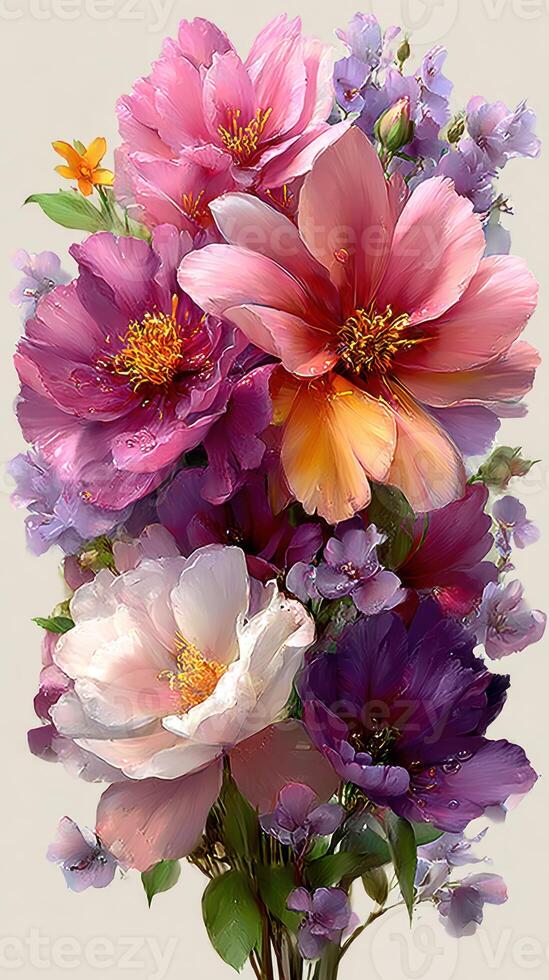 Colorful floral bouquet with pink, purple, and white blossoms arranged elegantly for decoration photo