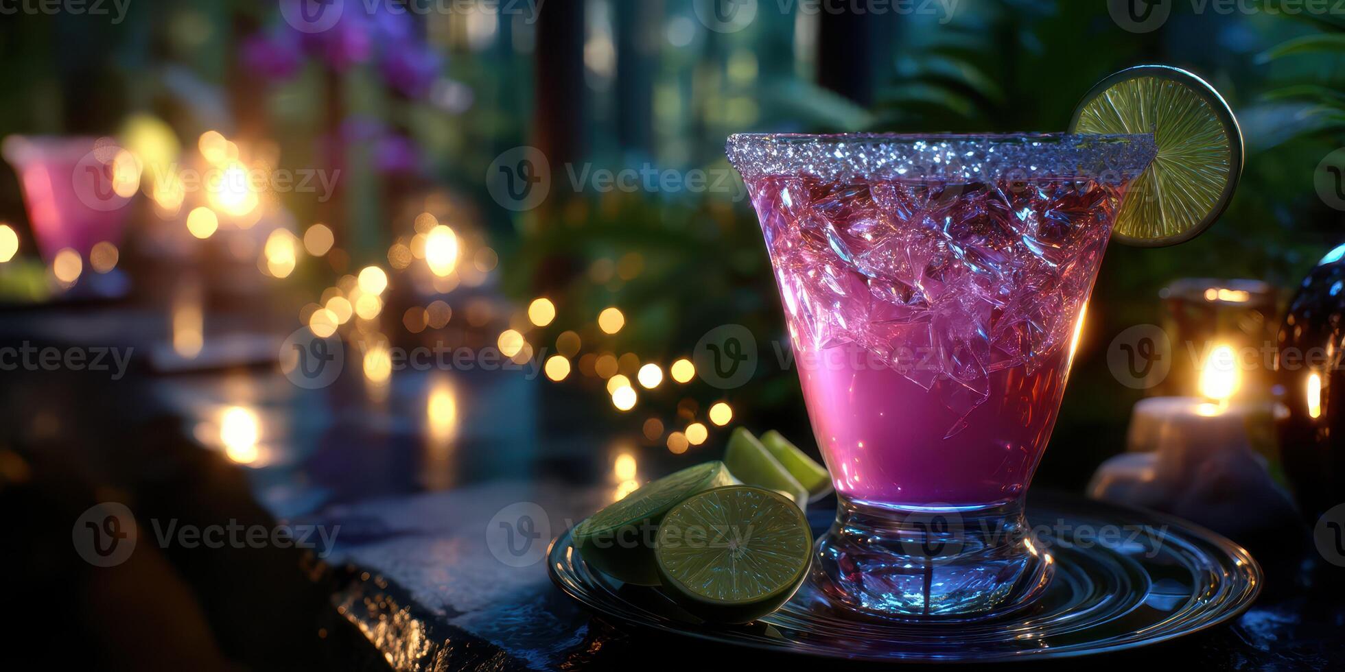 Colorful cocktail with lime slice served at a dimly lit bar surrounded by plants and candles photo