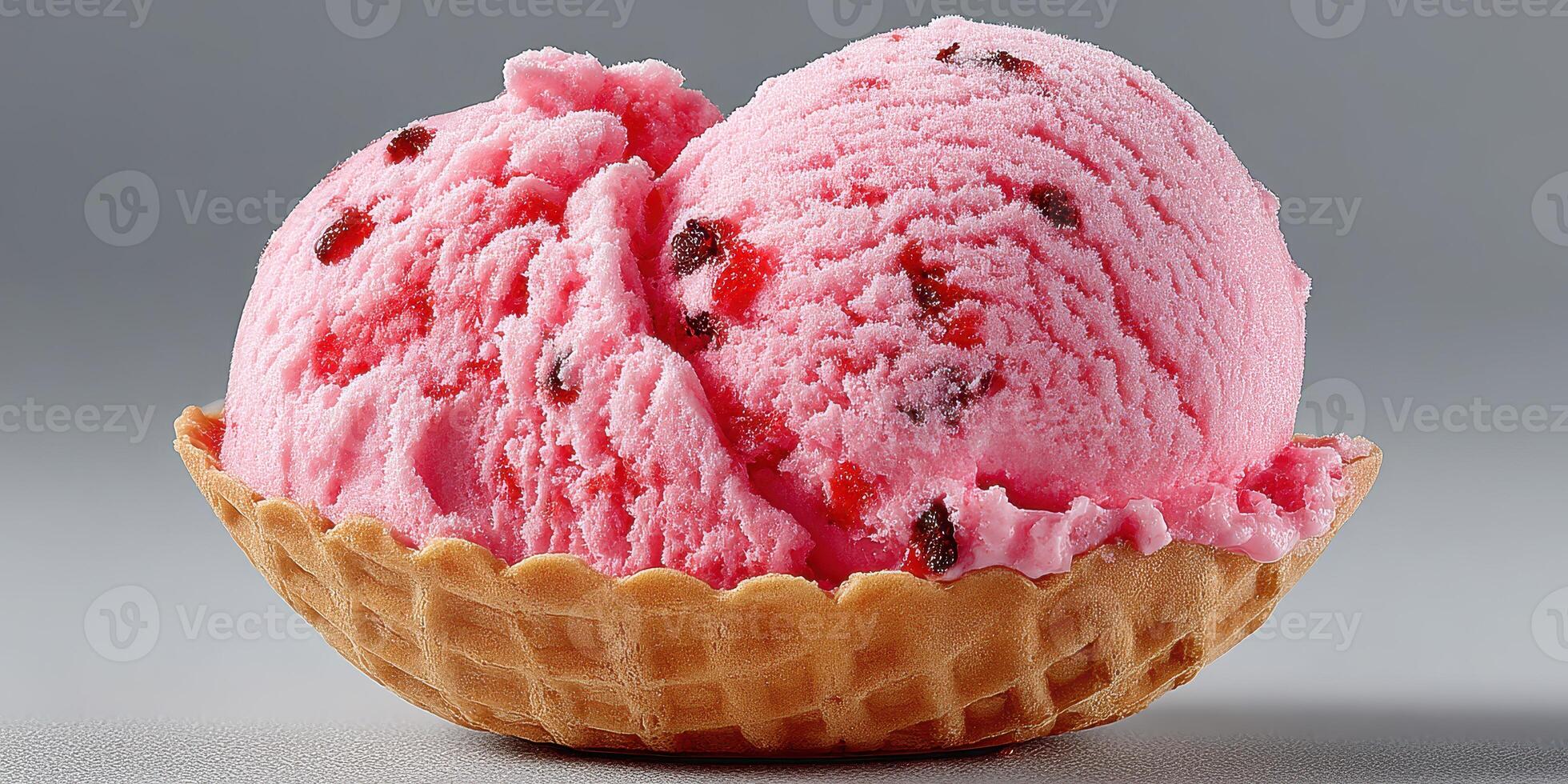 Delicious pink strawberry ice cream served in a waffle cone, tempting dessert option for any ice cream lover on a sunny day photo