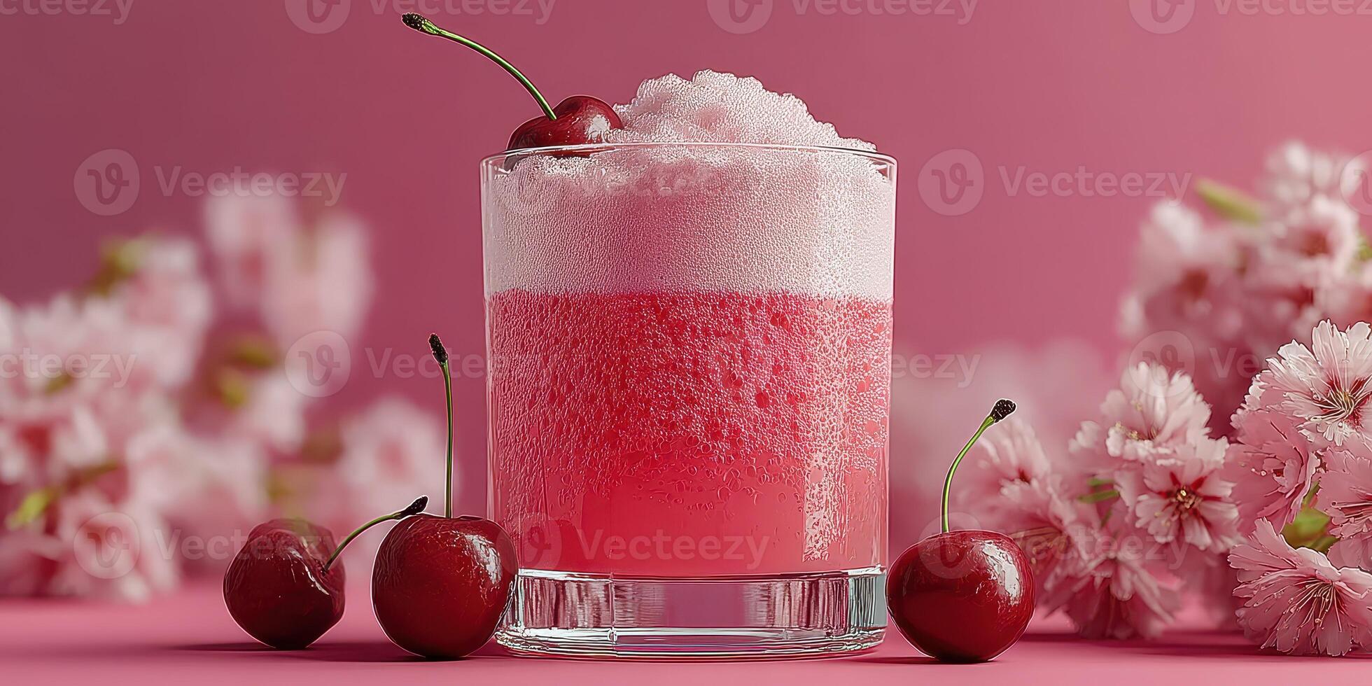 Refreshing cherry drink served in a glass with frothy foam and garnished with cherries in a pink floral setting photo