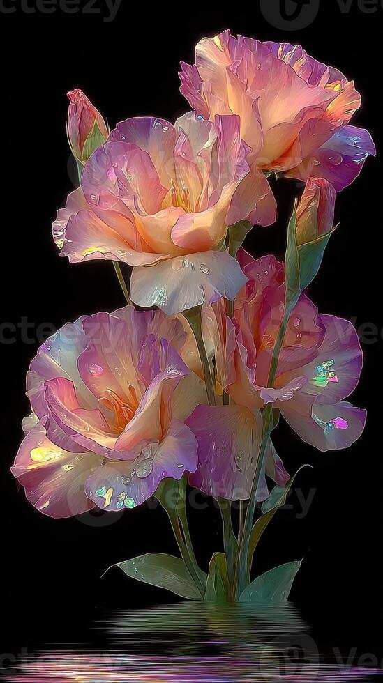 Vibrant display of soft pink flowers reflecting in water with gentle droplets at sunset photo