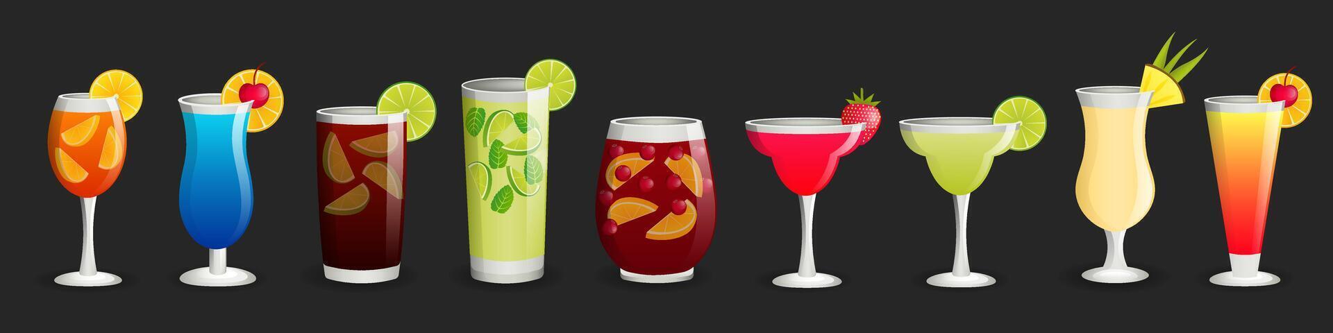 set of cocktails on dark background for restaurant, bar menu. vector