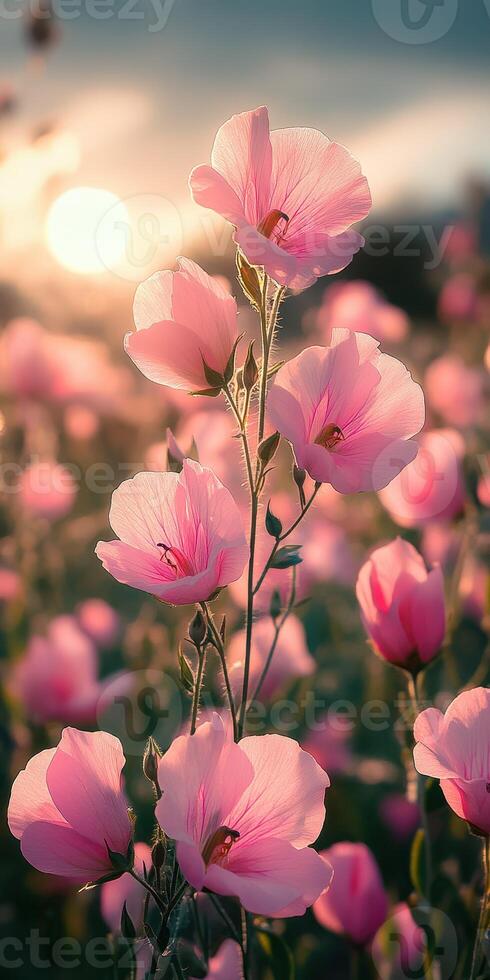 Beautiful blooming pink flowers in a serene meadow during sunset photo
