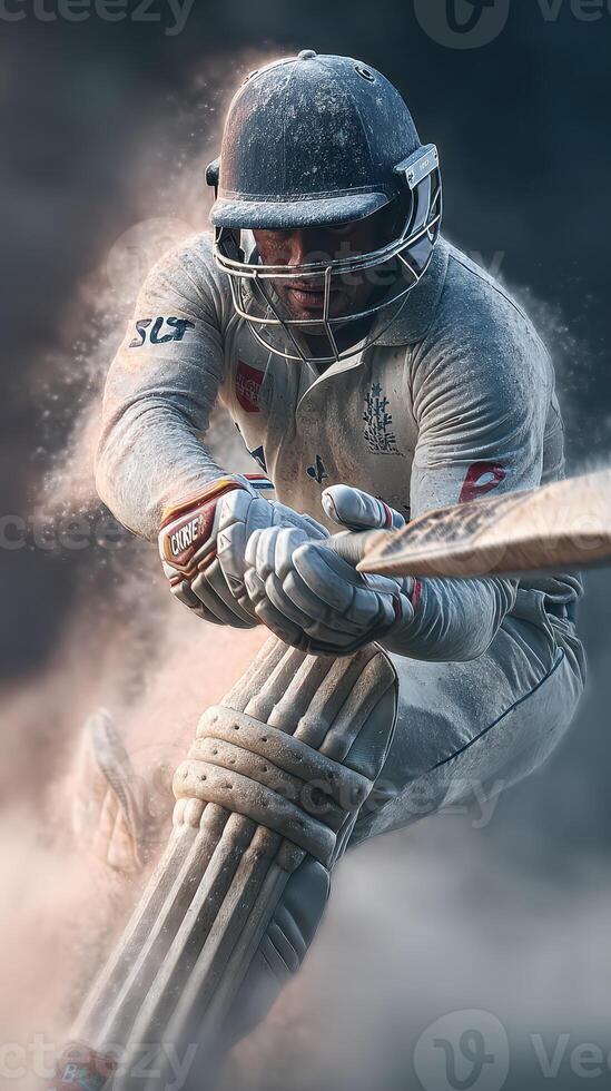 Cricket player batting during a competitive match with dust and focus on the field in bright daylight photo