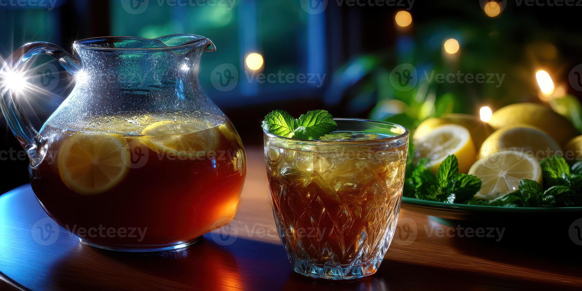 Refreshing iced tea served in glass with mint and lemon on a wooden table photo