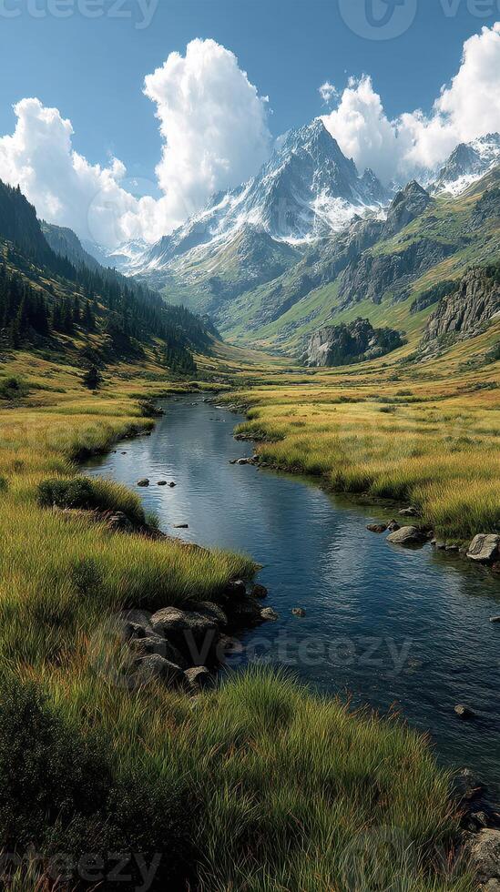 Majestic mountain landscape with a serene river flowing through tall grasses under a blue sky photo