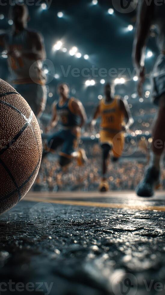 Intense basketball game in a packed arena with players charging toward the ball photo