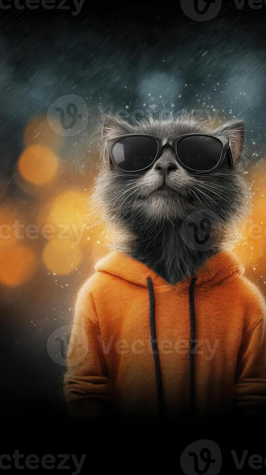 Cool cat wearing sunglasses and hoodie poses with confidence in a vibrant urban setting at dusk photo