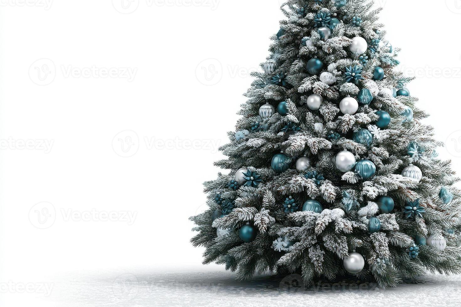 Festively decorated Christmas tree with blue and silver ornaments standing on a snow-covered surface in a bright setting photo