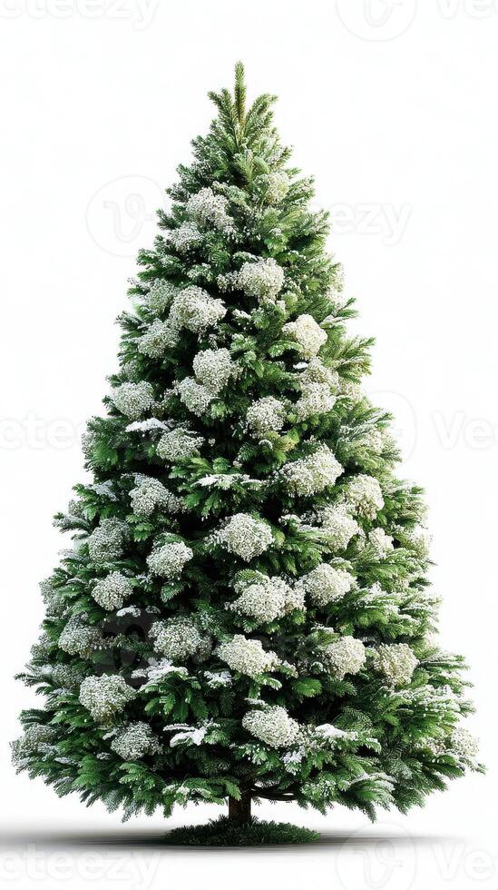 Lush green tree adorned with white snowflakes showcases winter beauty in a serene setting photo