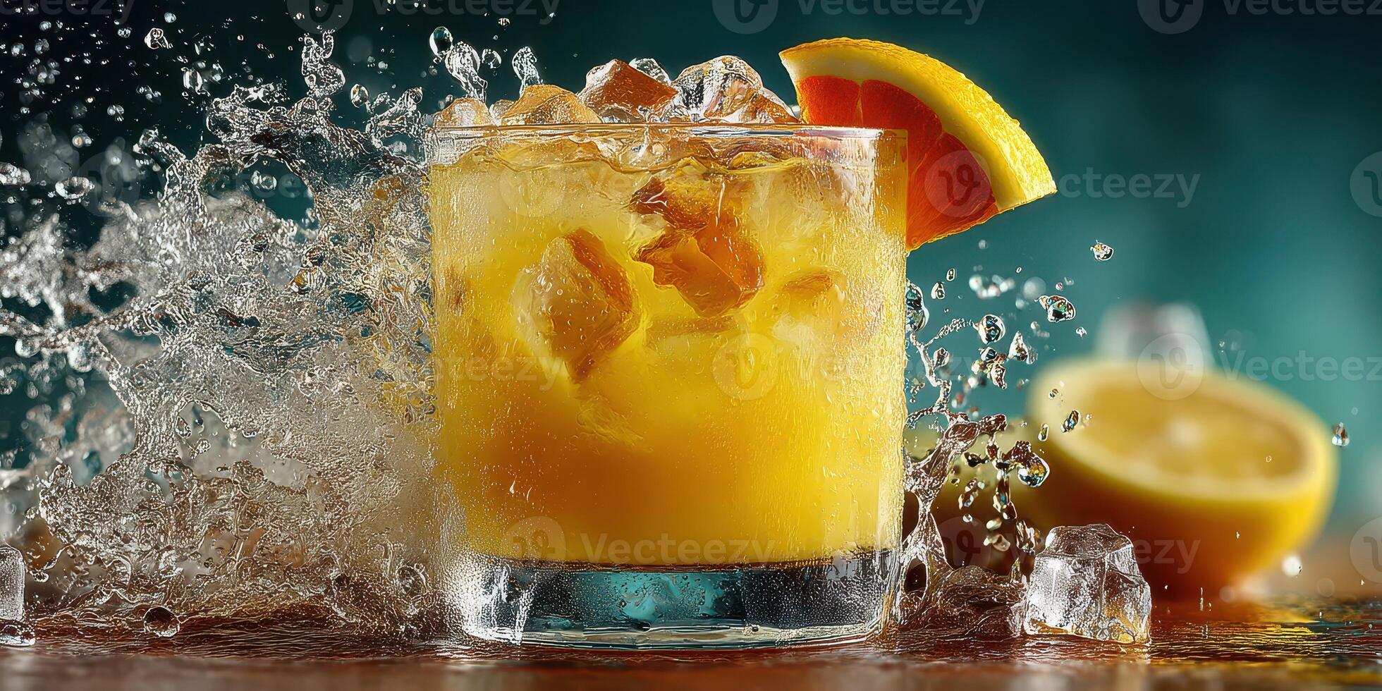 Refreshing orange cocktail splashes in a glass with ice and citrus garnishes during a summer gathering photo