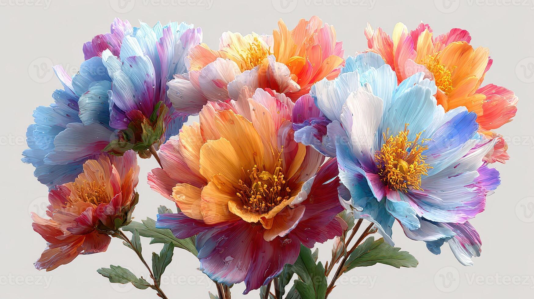 Beautiful bouquet of colorful flowers in soft pastel shades arranged artistically on a neutral backdrop photo