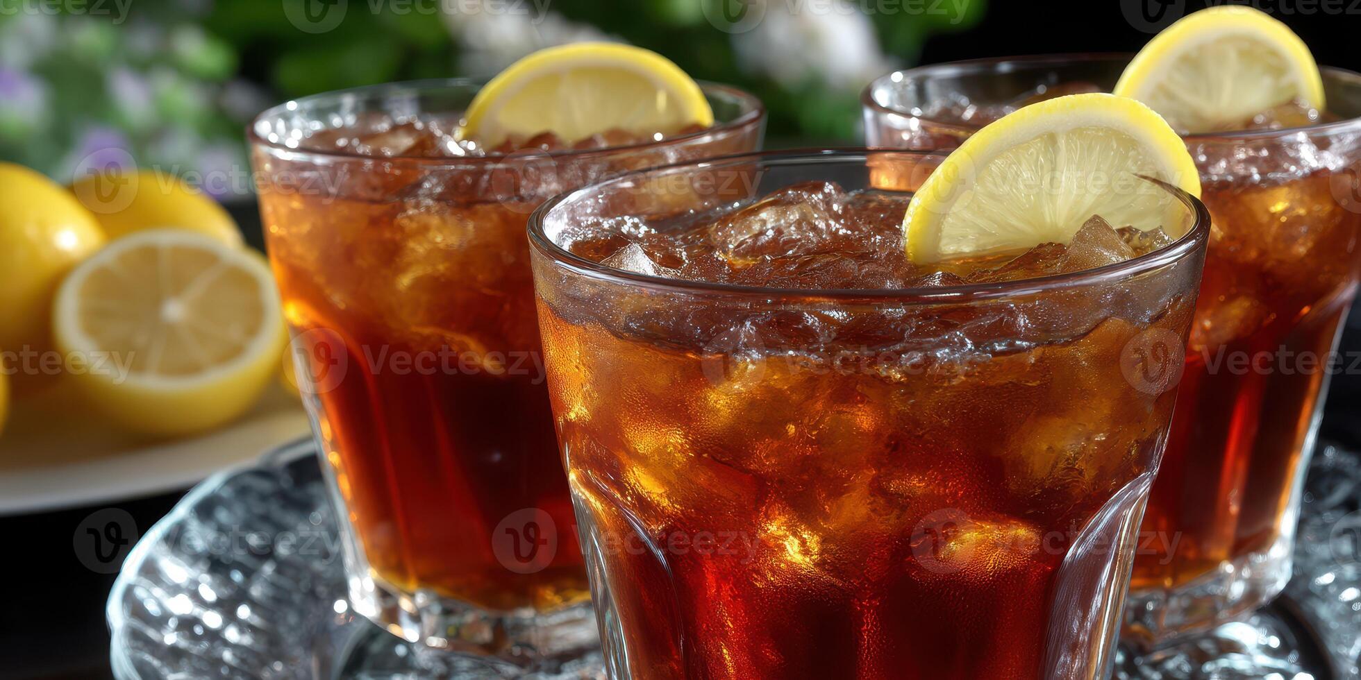 Refreshing iced tea served in clear glasses with lemon wedges during a sunny afternoon gathering photo