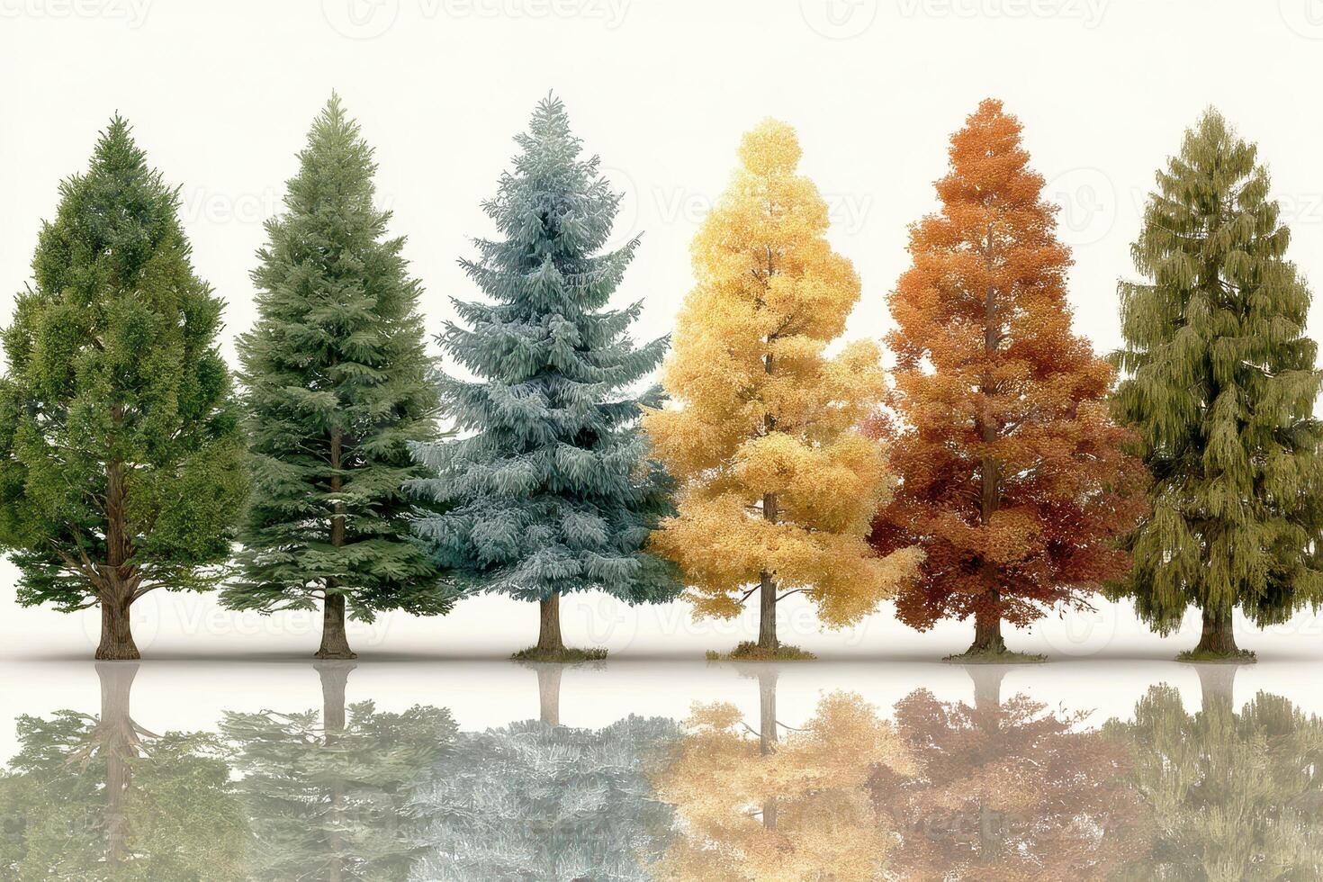 Colorful trees showcasing seasonal changes and reflections on a minimalist background photo