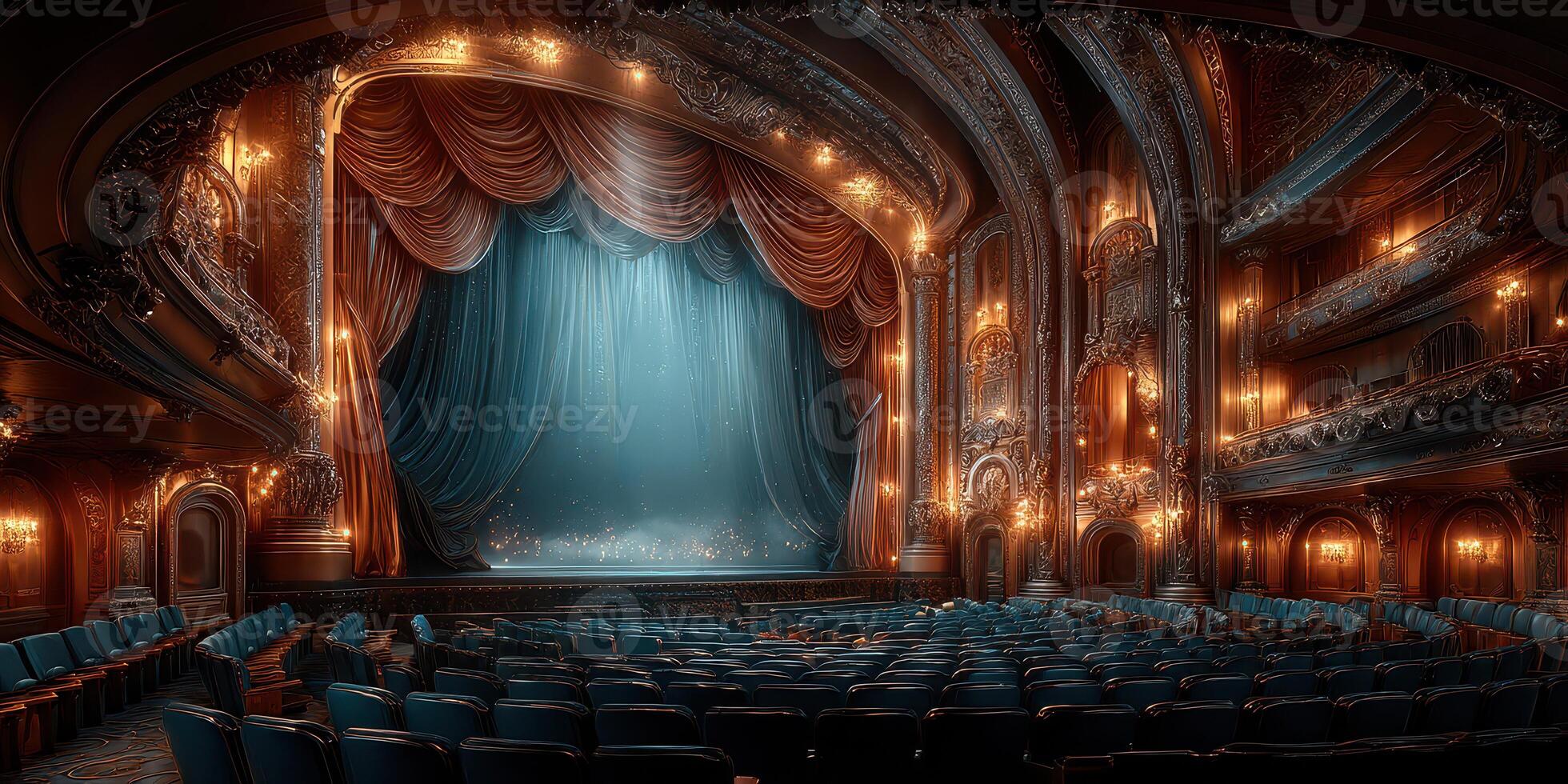 Elegant theater interior with rich decor and stage ready for performance in the evening photo