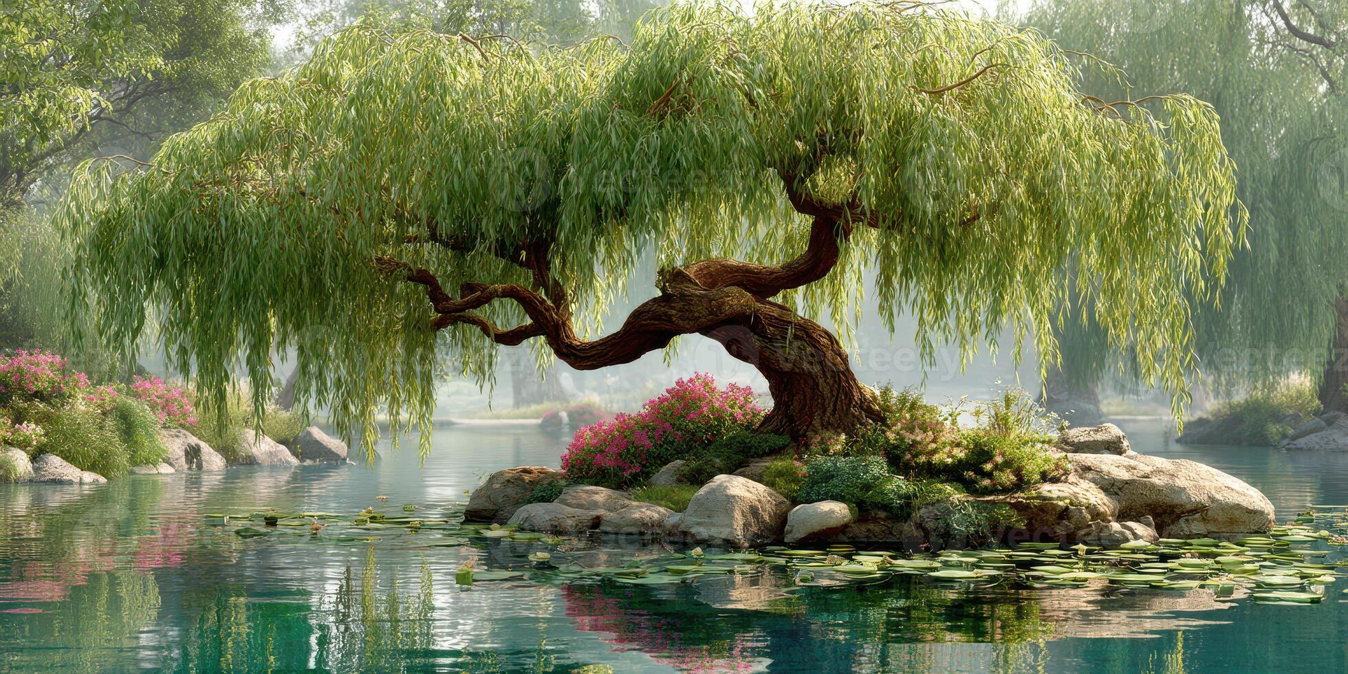 Majestic willow tree by tranquil waters surrounded by vibrant flowers during a serene morning photo