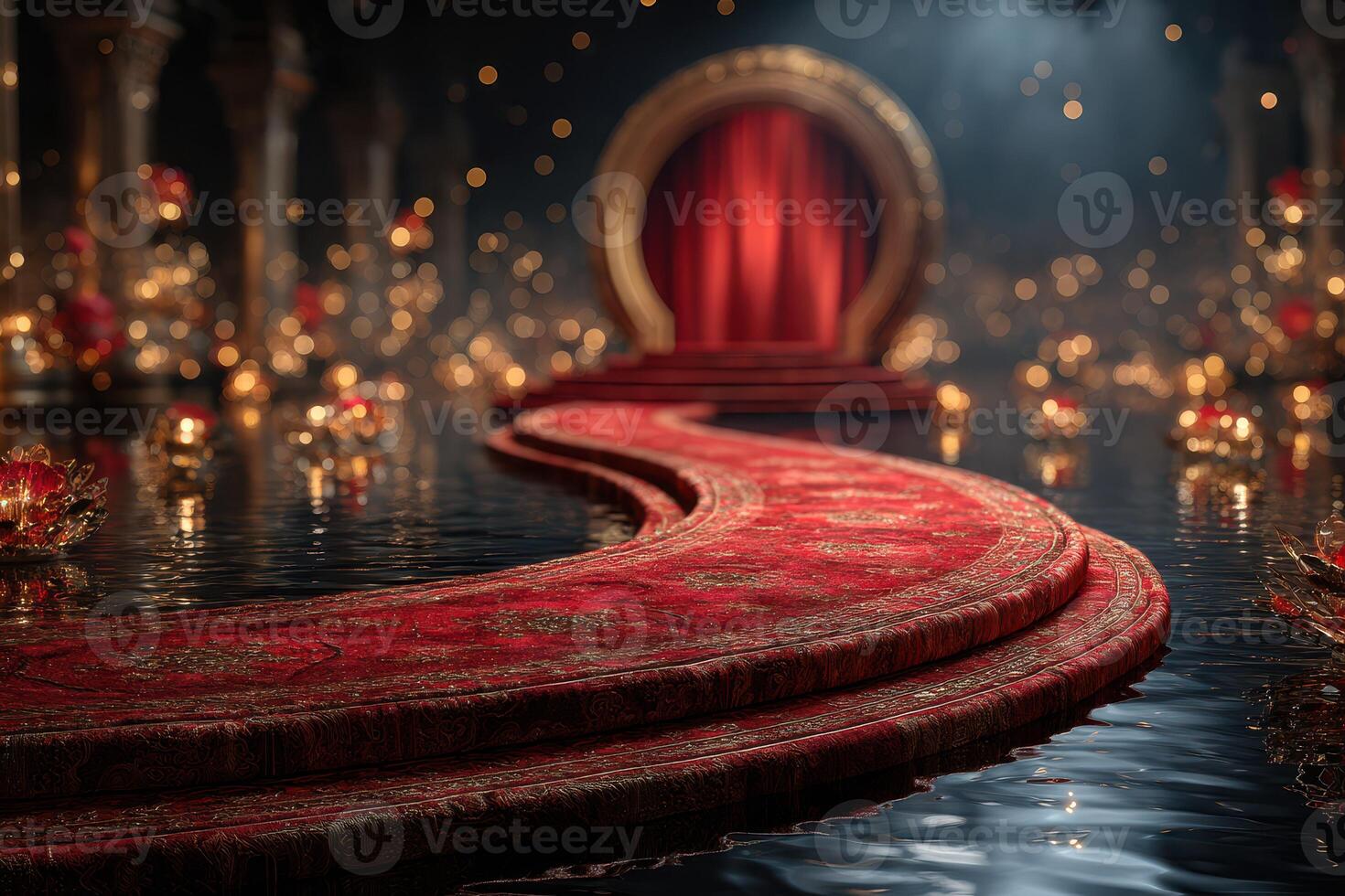 Elegant red carpet pathway leading to a stage surrounded by soft glowing lights in an enchanting venue photo