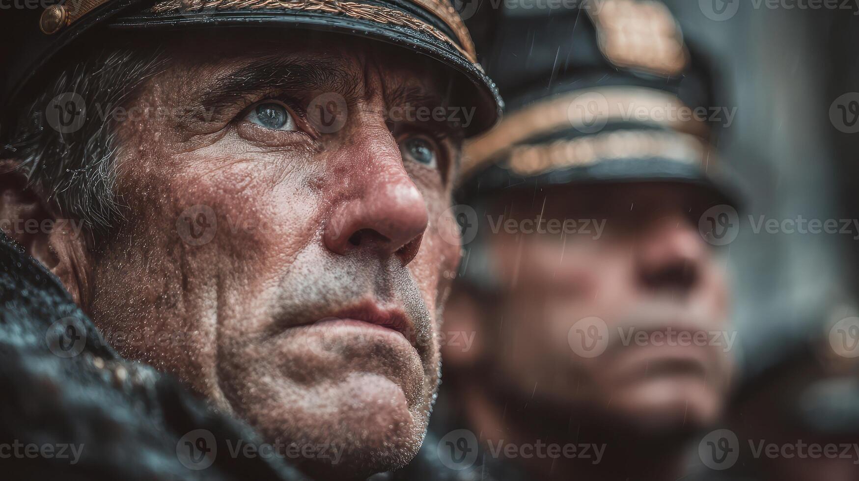 Emotion and resilience in rain during military ceremony with soldiers in uniforms at dusk photo