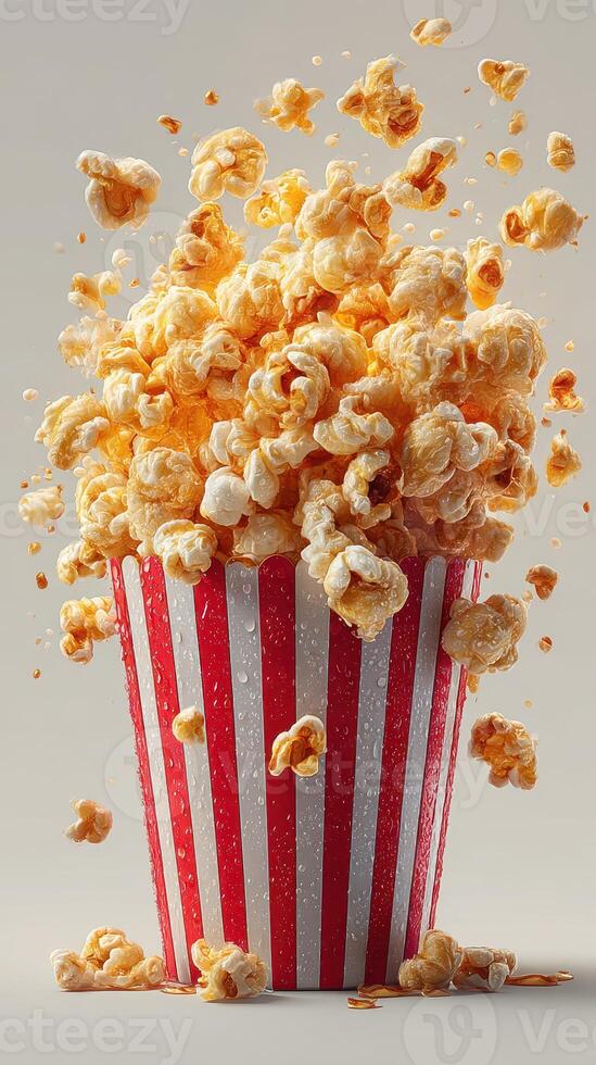 Popcorn overflowing from a classic striped container with buttery flavor and an enticing freshness photo