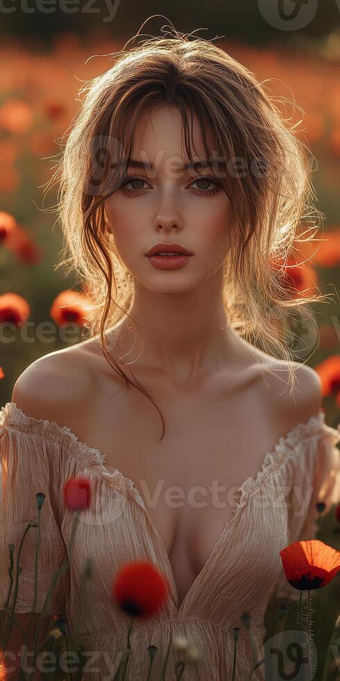 Portrait of a woman in a field of poppies during golden hour capturing beauty and serenity in nature photo