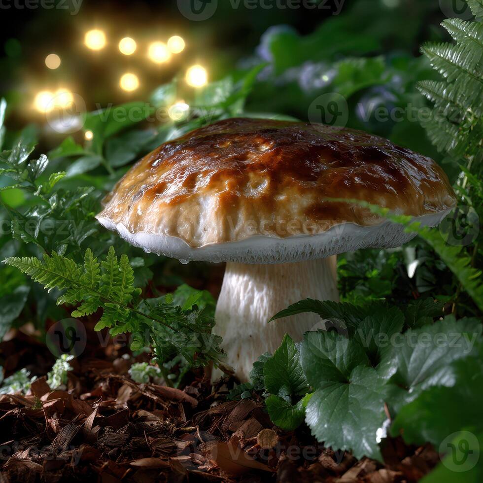 Mushroom growing in a lush forest environment with soft glowing lights at dusk photo