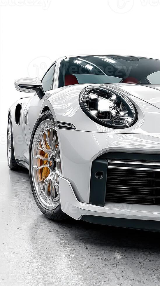 Sleek custom sports car showcased in bright studio environment with polished wheels and intricate design details photo