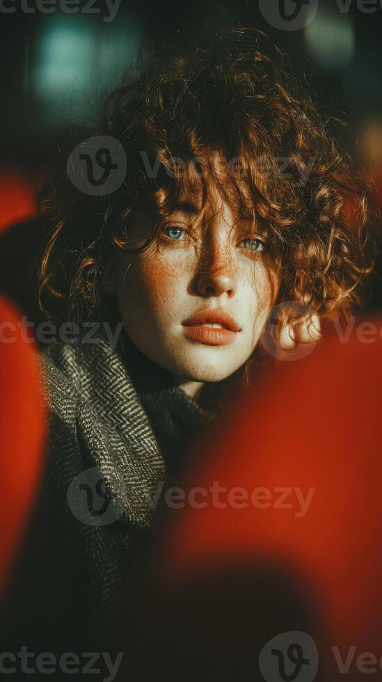 Young woman with curly hair gazes thoughtfully in a warm-lit environment during evening hours photo
