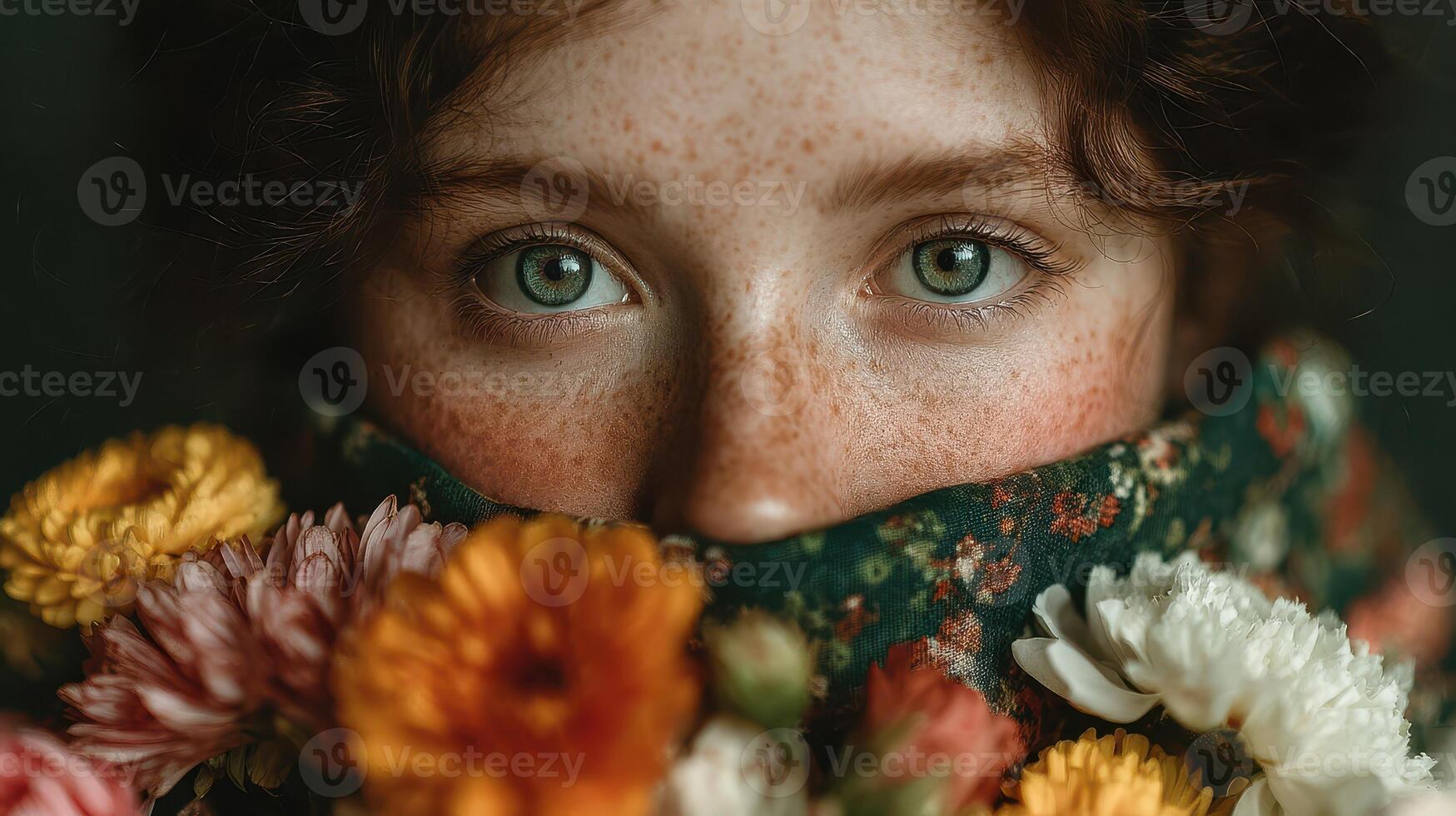 Portrait of a young person with green eyes surrounded by vibrant flowers in a close-up setting photo