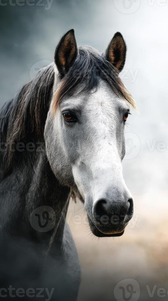 Majestic gray horse gazing into the distance in a serene setting during early morning photo