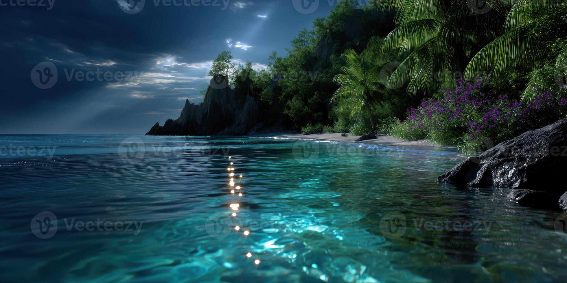 Tranquil coastal landscape with clear waters and lush greenery under a serene sky at dusk photo
