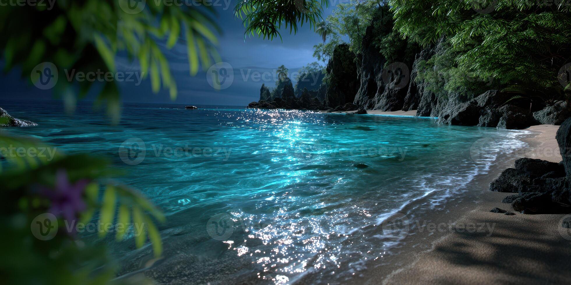 Clear turquoise water gently laps against a secluded sandy beach under a starry night sky near rocky cliffs photo