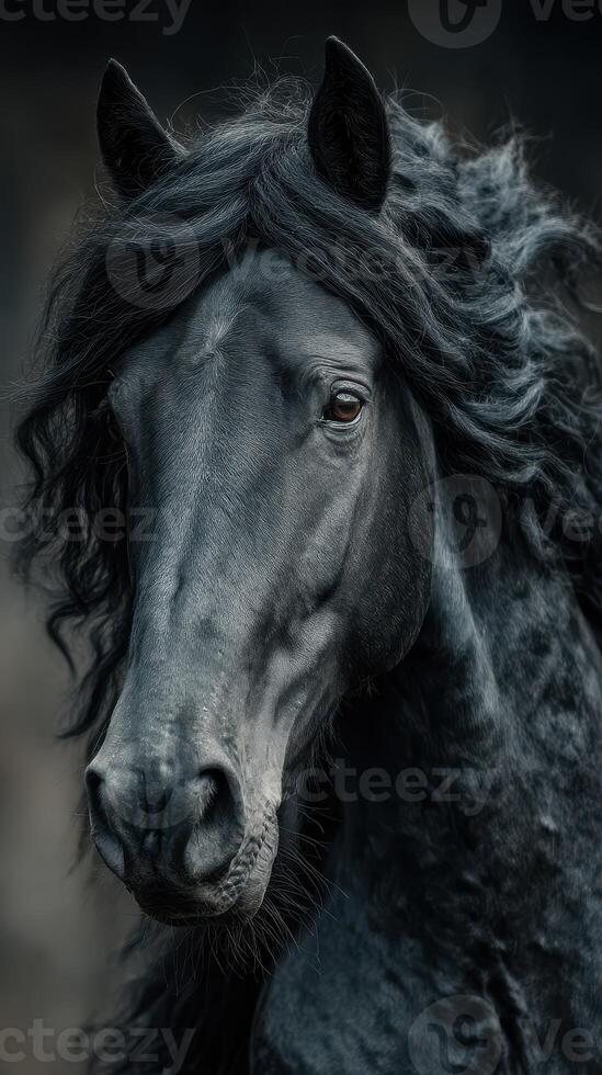 Majestic black horse with flowing mane standing against a dark background in a serene setting, capturing strength and beauty photo