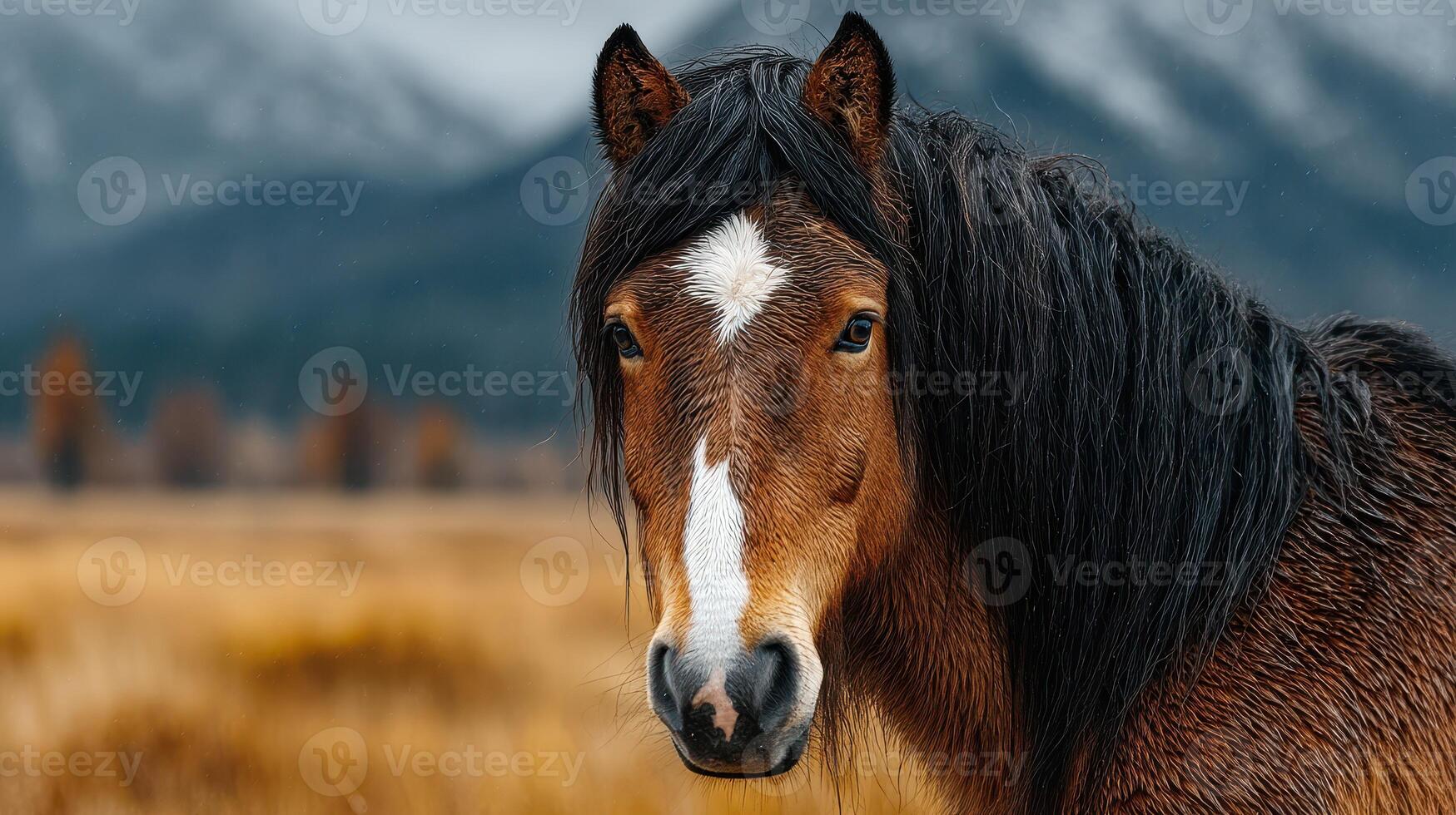 Majestic horse stands in a golden field with mountains in the background during a cloudy day photo