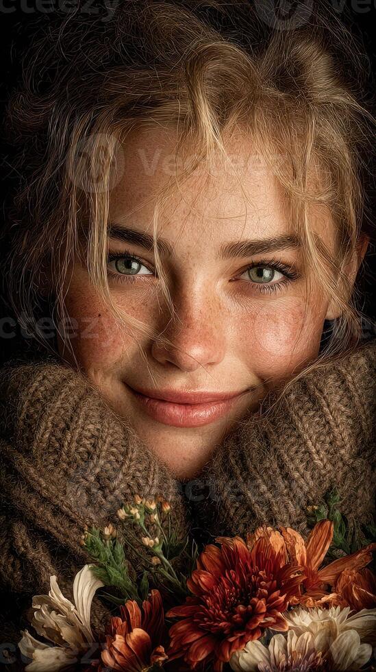 Young woman with flowers smiling warmly in cozy sweater, capturing genuine joy in an intimate moment photo