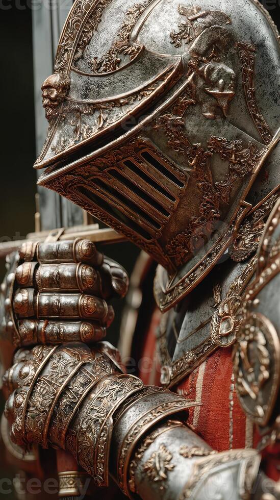 Detailed medieval knight armor displayed in an indoor setting showcasing intricate designs photo