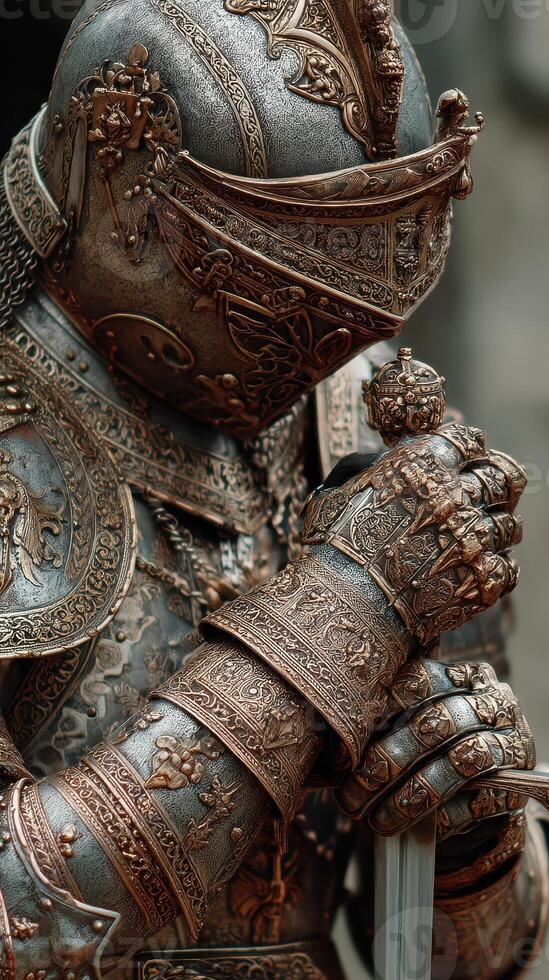 Detailed knight in ornate armor holding sword during a ceremonial event in a historical setting photo