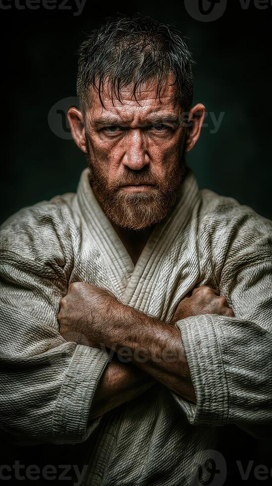 Intense martial artist posing confidently in traditional attire with a fierce expression photo