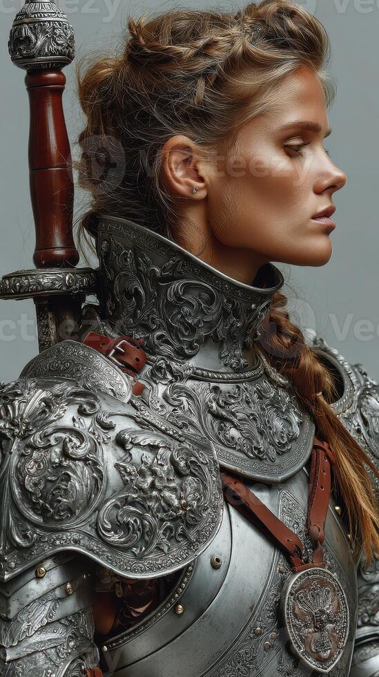Warrior in ornate silver armor stands confidently while holding a sword in a modern setting photo