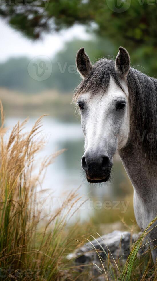 Gray horse approaches the calm waters near a grassy area during a cloudy afternoon in the countryside photo