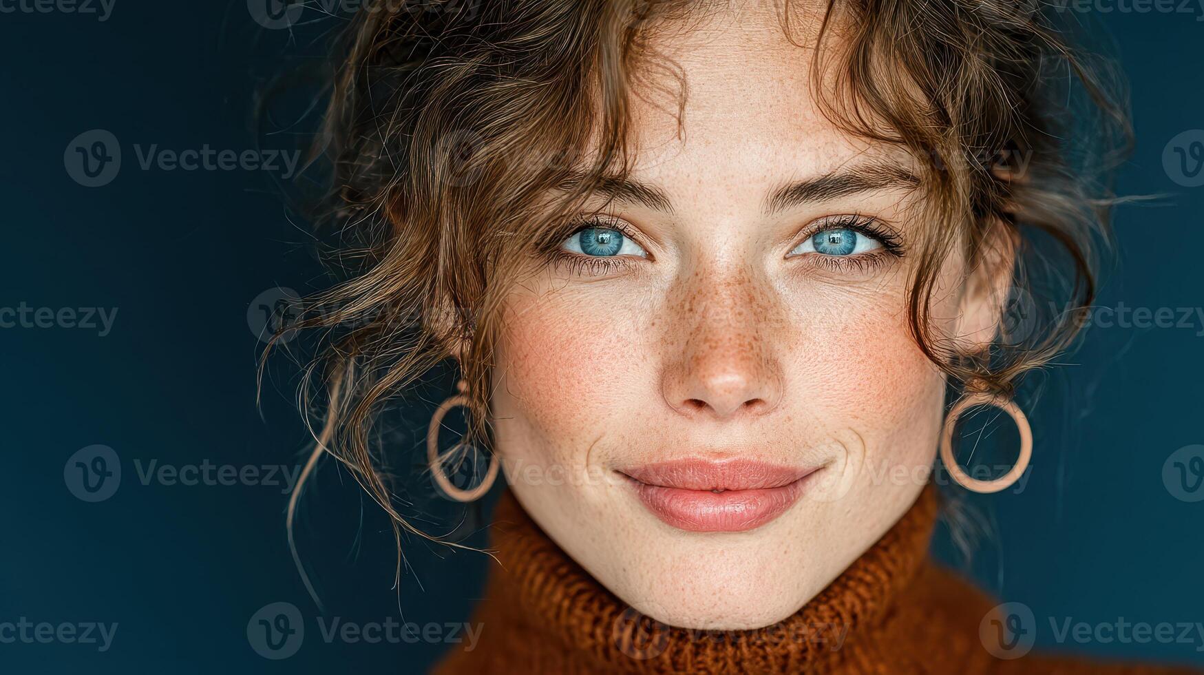Portrait of a smiling woman with blue eyes and curly hair wearing a knitted sweater in a studio setting photo
