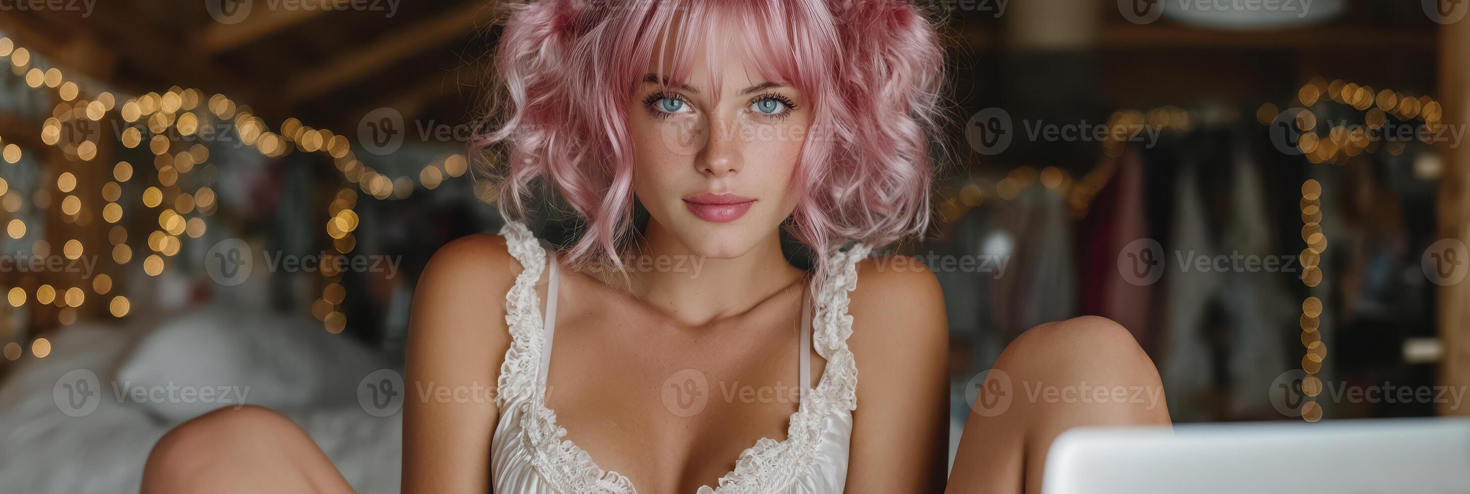 Young woman with pink hair sits casually in cozy room while using laptop surrounded by warm lights photo